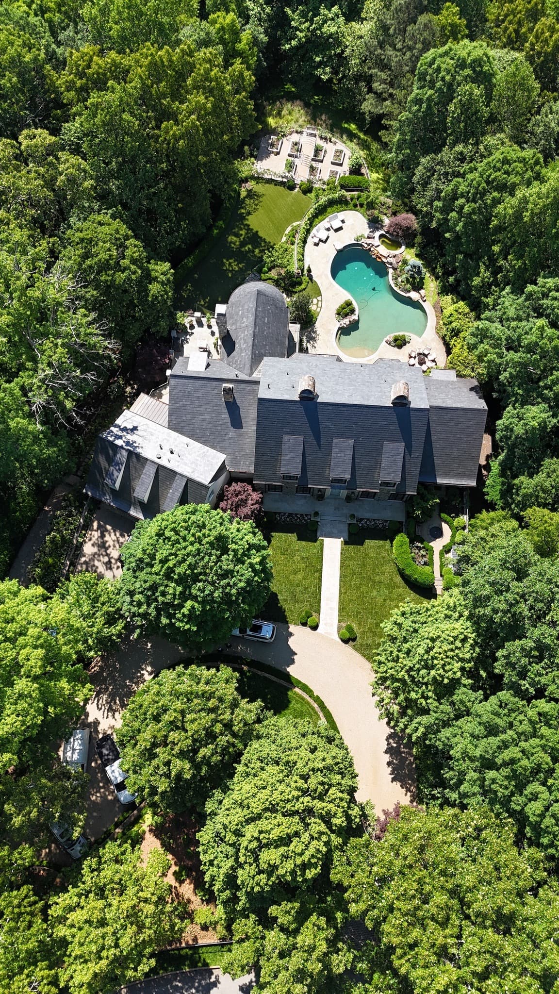 The finished estate from above — full summer canopy and completed grounds